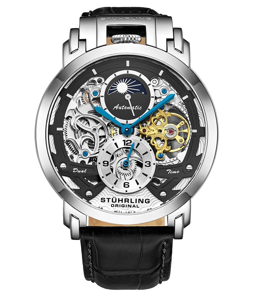 Stührling Menai 906 Automatic 47mm Skeleton - Black Dial/Silver Case/Black Leather Strap