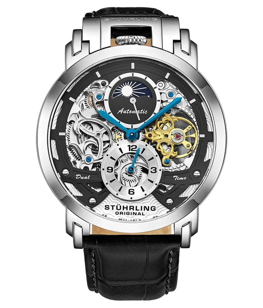Stührling Menai 906 Automatic 47mm Skeleton - Black Dial/Silver Case/Black Leather Strap