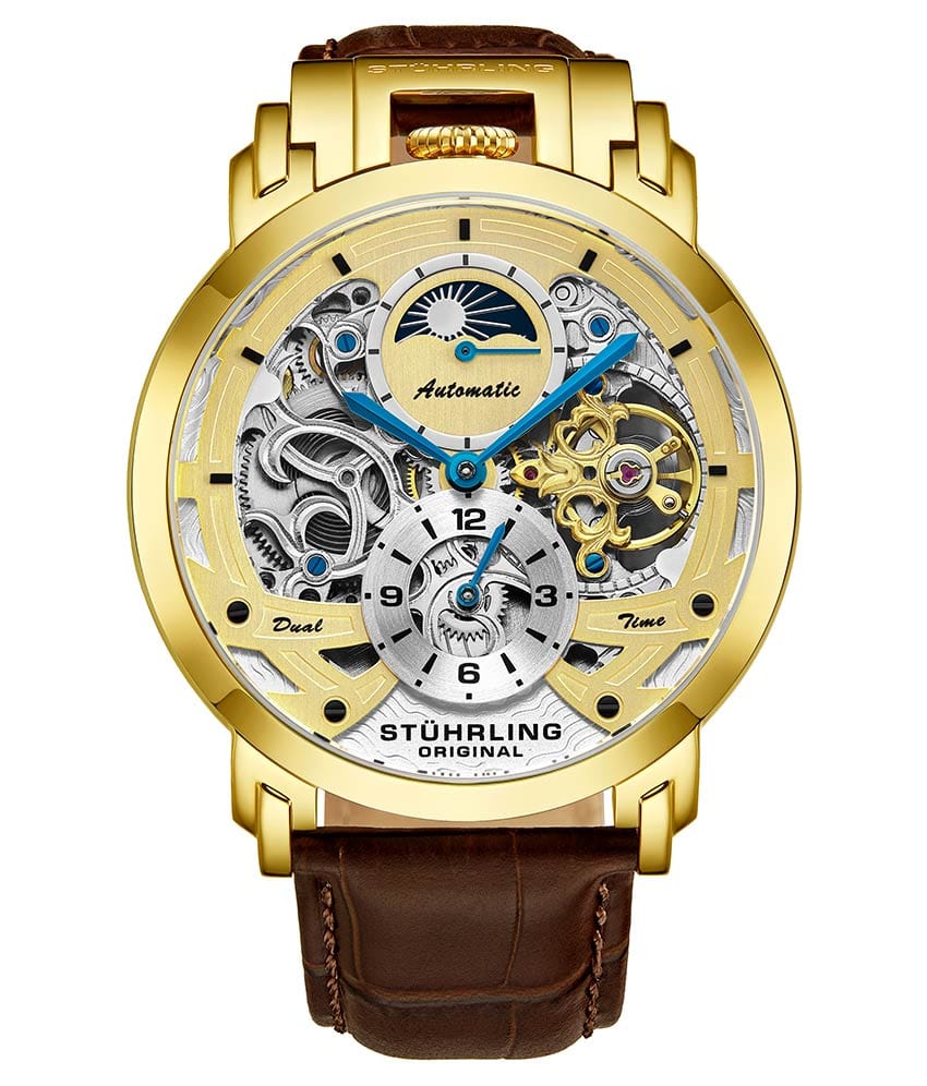 Stührling Menai 906 Automatic 47mm Skeleton - Gold Dial/Gold Case/Brown Leather Strap