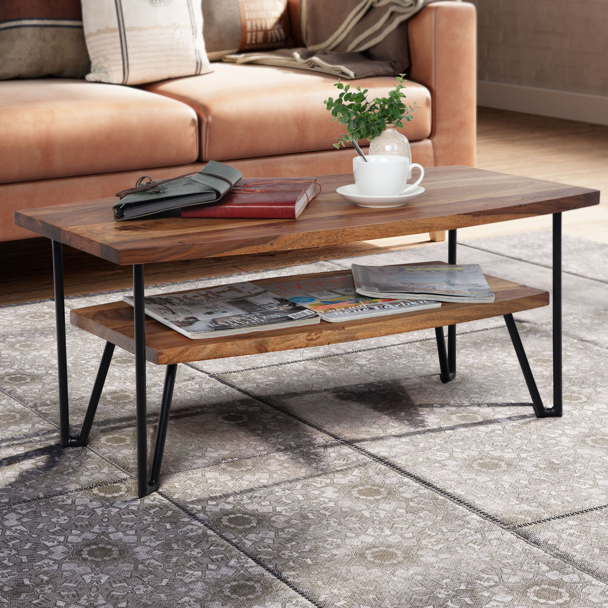 FineBuy Couchtisch 90x50x40 cm Sheesham Massivholz / Metall Sofatisch Rechteckig, Design Wohnzimmertisch Kaffeetisch mit Stauraum, Holztisch Wohnzimme