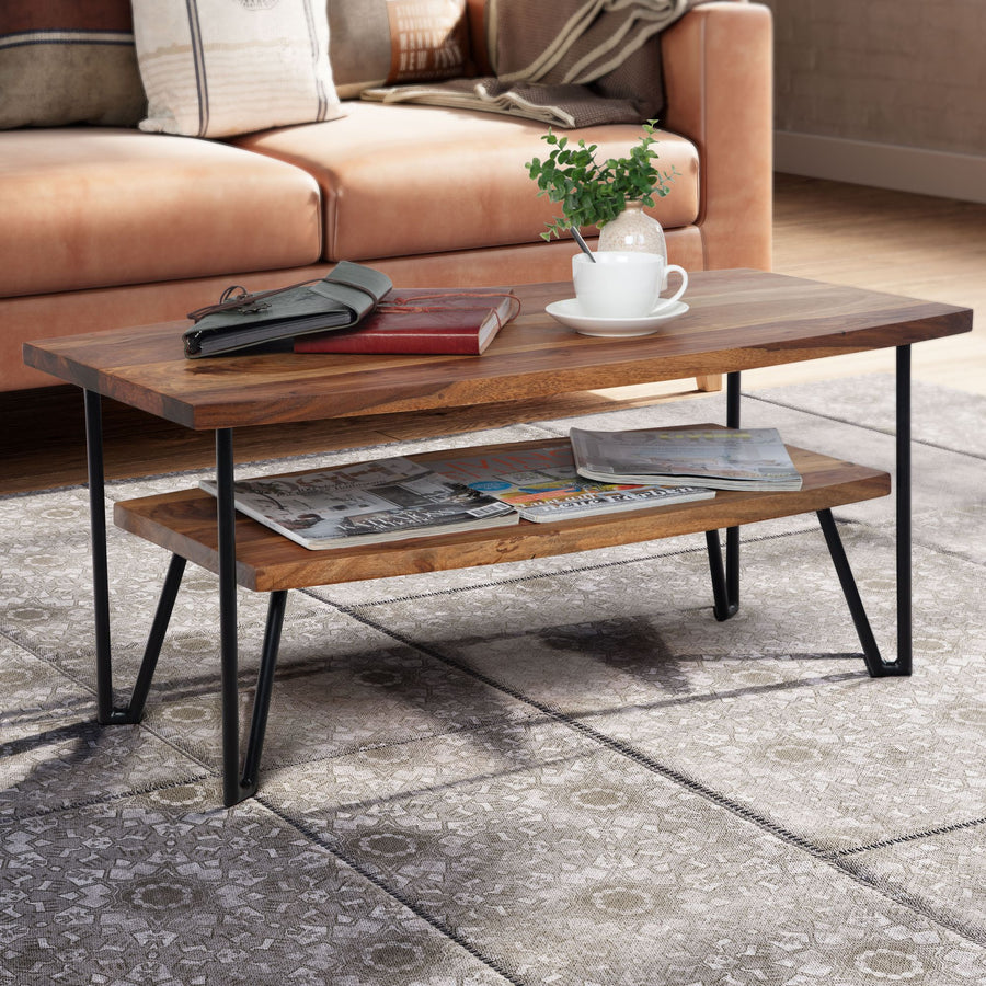 FineBuy Couchtisch 90x50x40 cm Sheesham Massivholz / Metall Sofatisch Rechteckig, Design Wohnzimmertisch Kaffeetisch mit Stauraum, Holztisch Wohnzimme