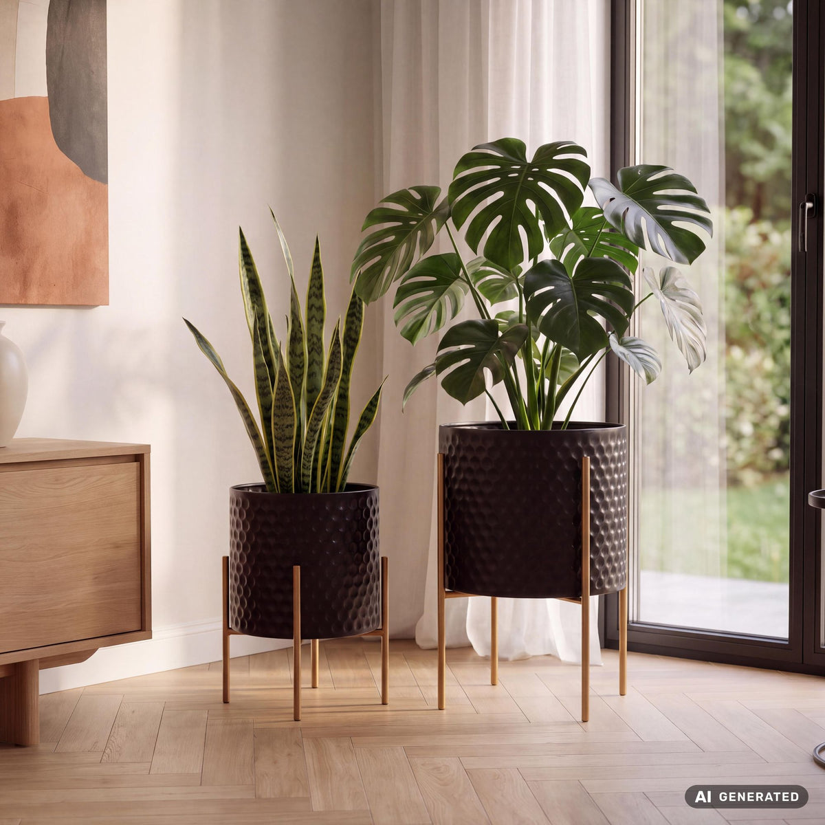 FineBuy Blumentopf 2er Set Metall Pflanzkübel Schwarz / Gold mit Füßen, Design Pflanzenkübel Rund Indoor, Blumenkübel Pflanzgefäß mit Waben-Muster in 