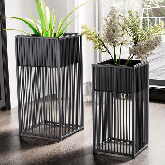 FineBuy Blumentopf 2er Set Metall Pflanzkübel Schwarz mit Gestell, Design Pflanzenkübel Quadratisch, Blumenkübel Pflanzgefäß Indoor