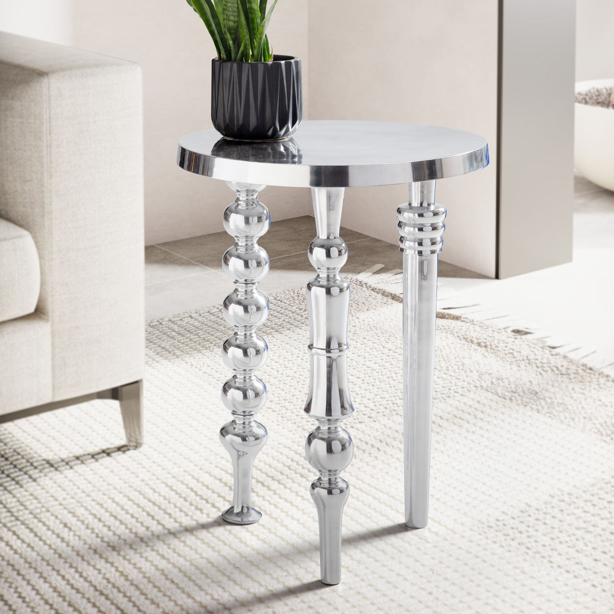 FineBuy Design Beistelltisch rund 44cm Metall silber - Handgefertigter Wohnzimmertisch Aluminium - Alu Dekotisch - Kleiner Couchtisch