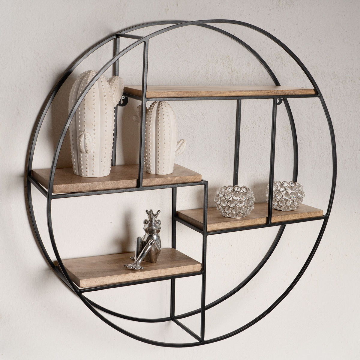 FineBuy Wandregal 70x70x18 cm Mango Massivholz / Metall Hängeregal Rund, Kleines Design Schweberegal Industrial, Regal Hängend Wohnzimmer, Bücherregal