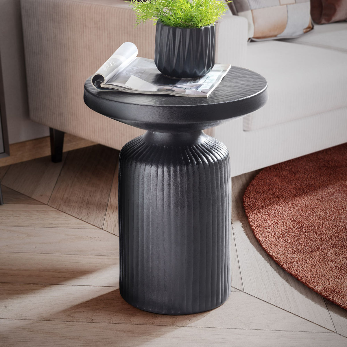 FineBuy Orientalischer Beistelltisch 40 cm rund Metall Schwarz mit Lamellen-Optik - Design Aluminium Wohnzimmertisch - Dekotisch - Kleiner Couchtisch