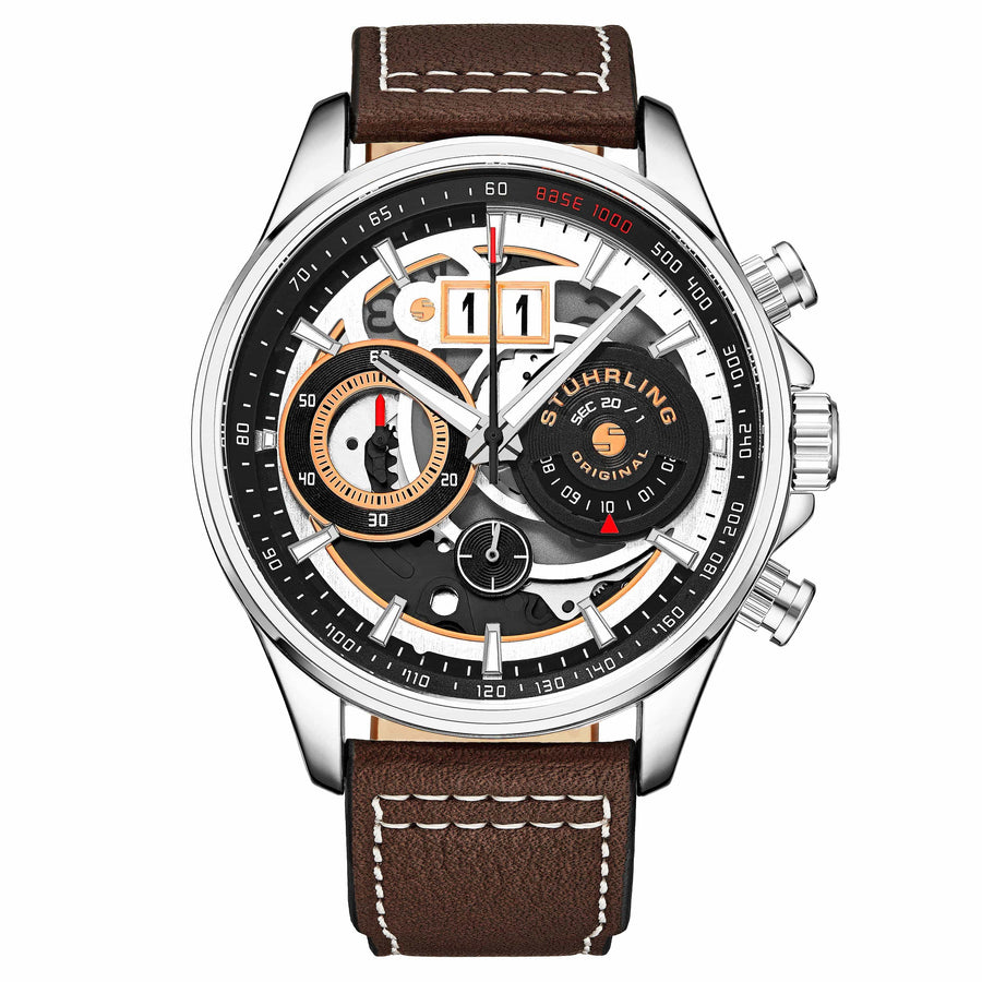 Stührling Stührling Ace Aviator Chronograph & Tachymeter 923 Quartz 45mm - Black Dial / Silver Case / Brown Calf Skin Leather Strap Silver Tang Buckle