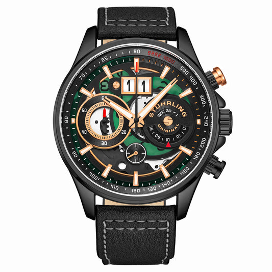 Stührling Stührling Ace Aviator Chronograph & Tachymeter 923 Quartz 45mm - Black Dial / Black Case / Black Calf Skin Leather Strap Black Tang Buckle