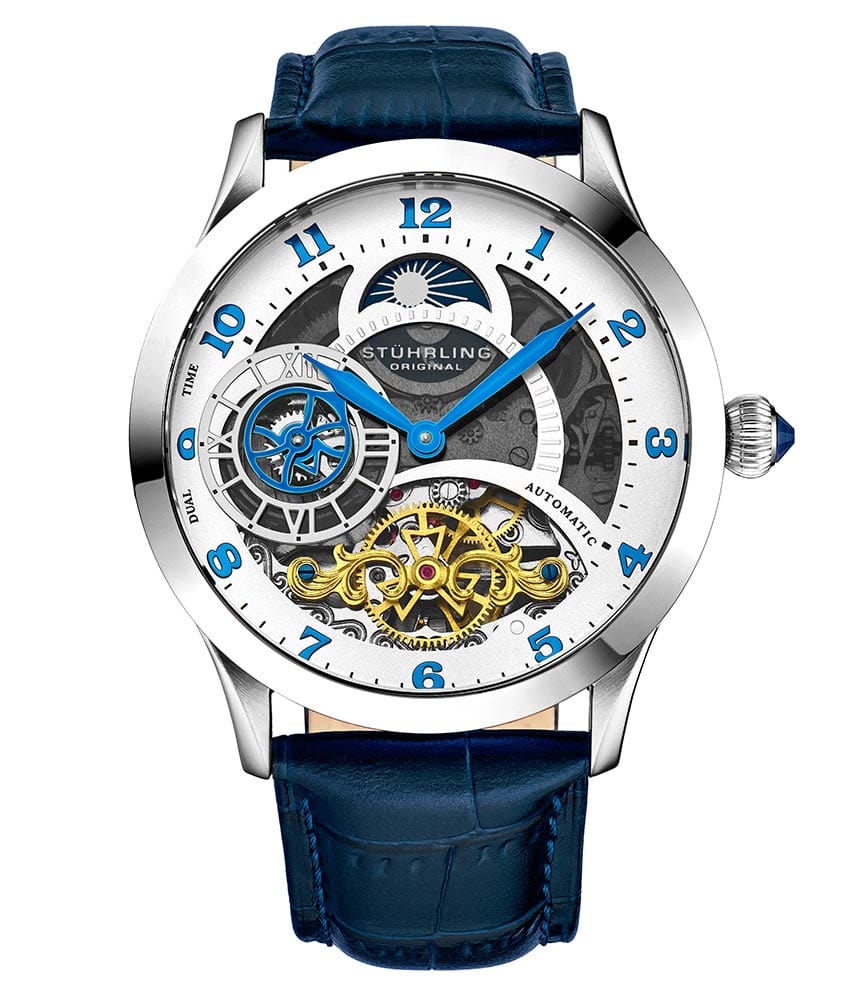 Stührling Radiant 925 Automatic 44mm Skeleton - White Dial / Silver Case / Blue Leather Strap Silver Tang Buckle