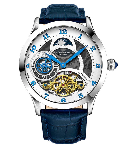 Stührling Radiant 925 Automatic 44mm Skeleton - White Dial / Silver Case / Blue Leather Strap Silver Tang Buckle
