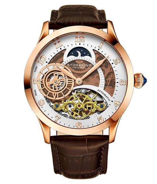 Stührling Radiant 925 Automatic 44mm Skeleton - White Dial / Rose Case / Brown Leather Strap Rose Tang Buckle