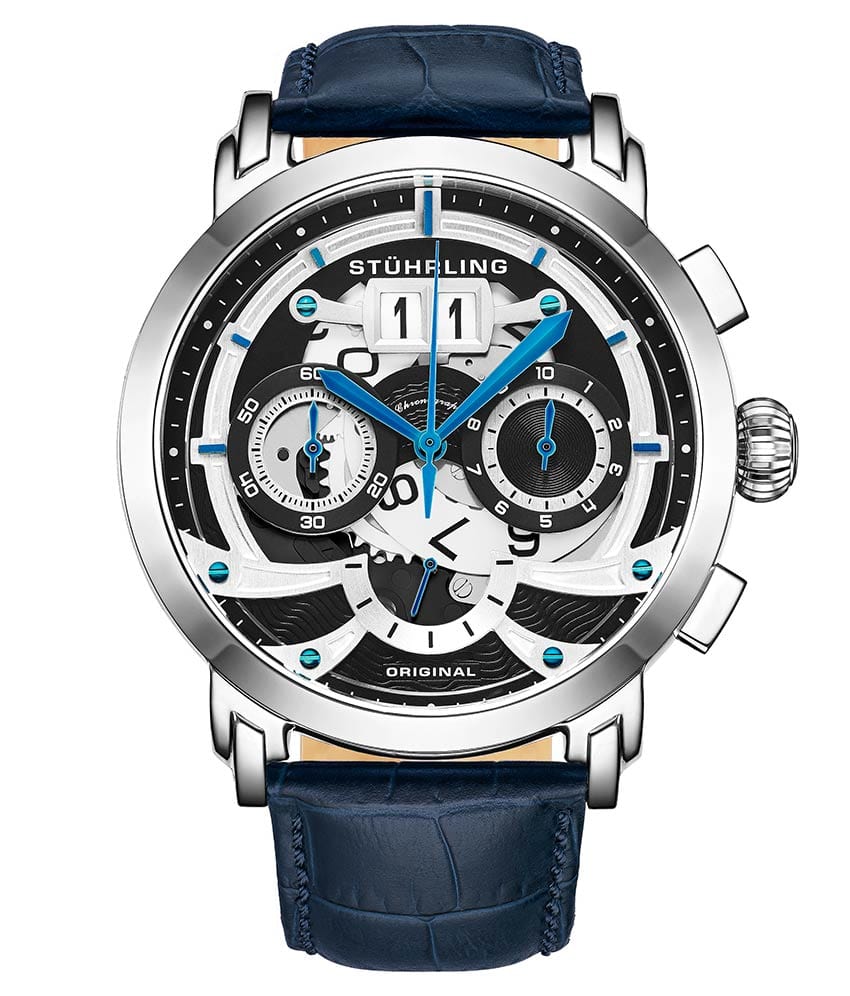 Stührling Andover Chronograph 926 Quartz 47mm - Black Dial / Silver Case / Blue Leather Strap Silver Tang Buckle