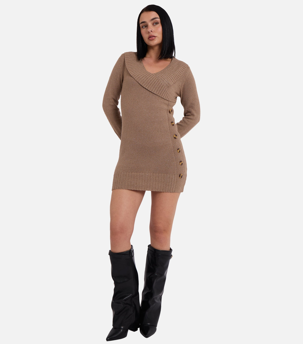 Camel Wrap Knit Button detail Mini Jumper Dress - Camel / UK 8 / US 4 / EU 36 / 100% Polyester