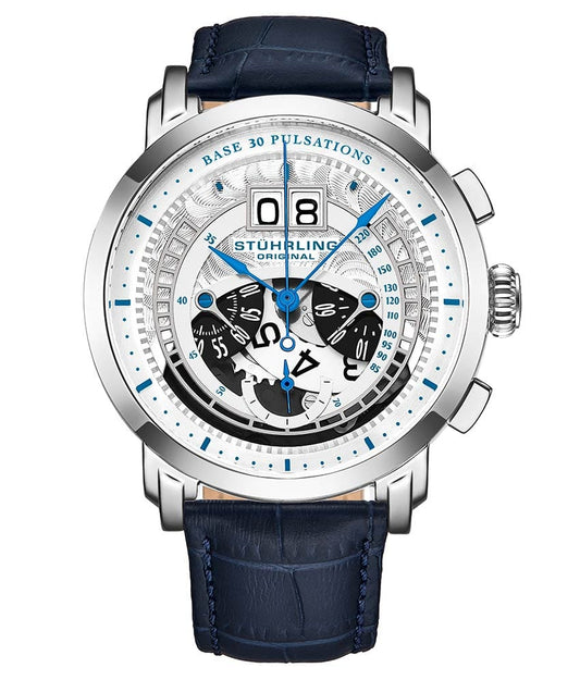 Stührling Imperia 928 Quartz 44mm Chronograph - Silver Dial / Silver Case / Blue Leather Strap Silver Tang Buckle