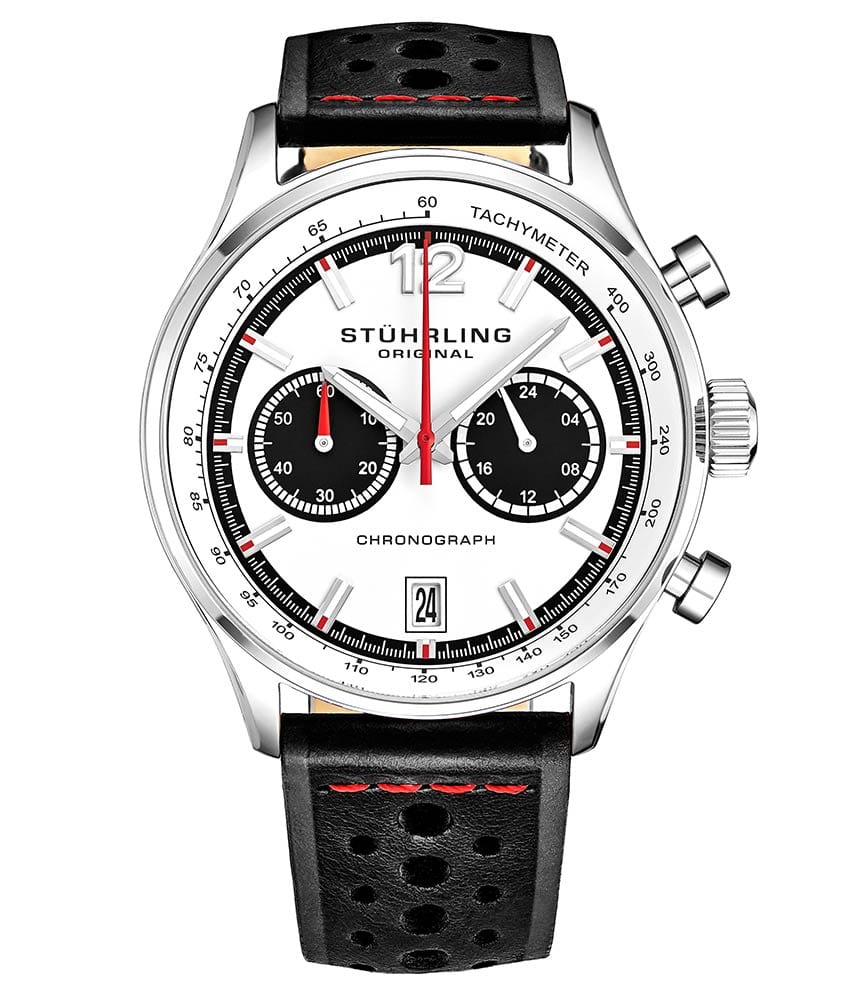 Stührling Monaco 933 Quartz 44mm Chronograph - White Dial / Silver Case / Black Leather Strap Silver Tang Buckle