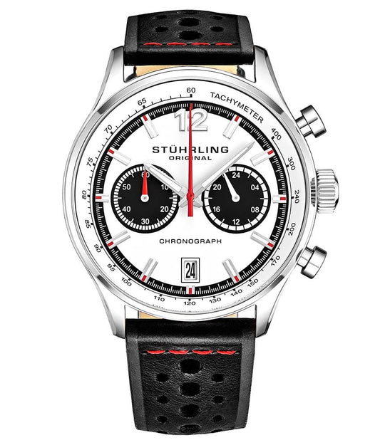 Stührling Monaco 933 Quartz 44mm Chronograph - White Dial / Silver Case / Black Leather Strap Silver Tang Buckle