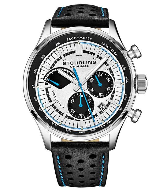 Stührling Monaco 934 Quartz 42mm Chronograph - Silver Dial / Silver Case / Black Leather Strap Silver Tang Buckle