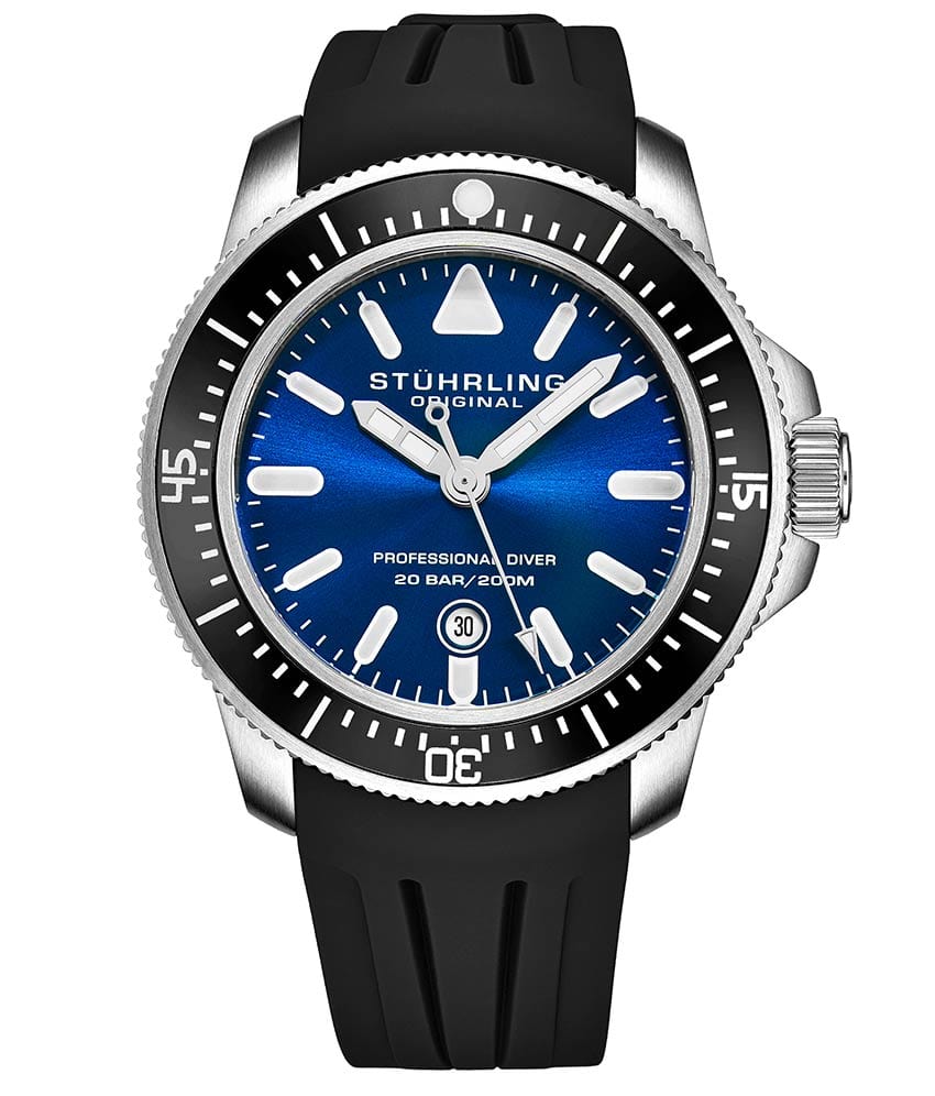 Stührling Maritimer 935 Quartz 43mm Diver - Blue Dial / Silver Case / Black Rubber Strap Silver Tang Buckle