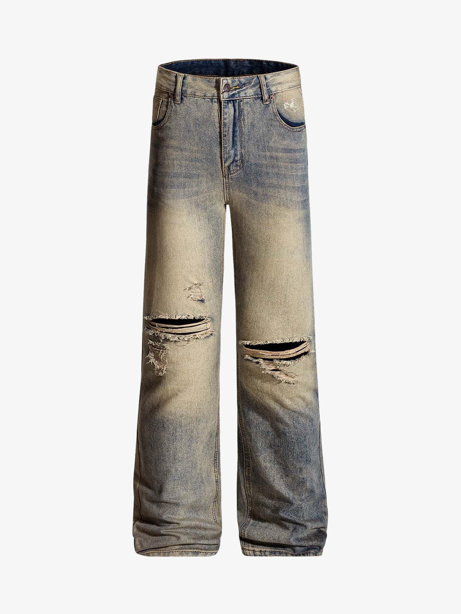 Vintage Distressed Ripped Wide Leg Jeans - Blue / S