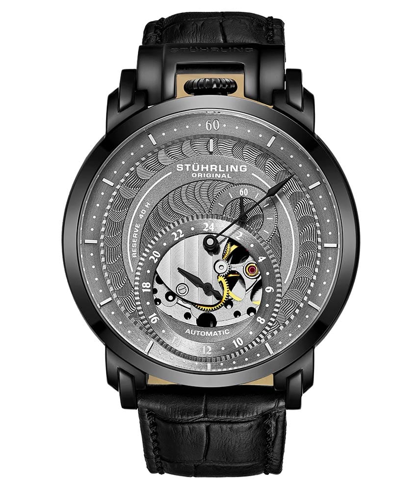 Stührling Savoy 942 Automatic Regulator 44mm Skeleton - Grey Dial / Grey Case / Black Leather Strap Gunmetal Gray Tang Buckle