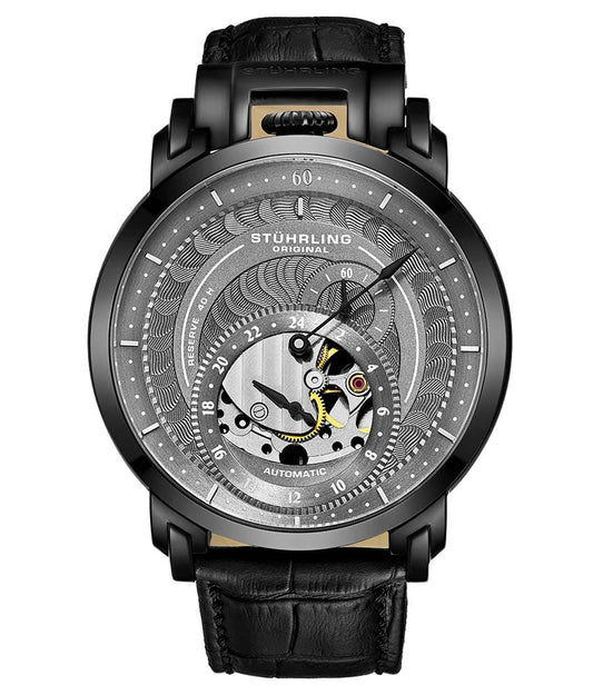 Stührling Savoy 942 Automatic Regulator 44mm Skeleton - Grey Dial / Grey Case / Black Leather Strap Gunmetal Gray Tang Buckle