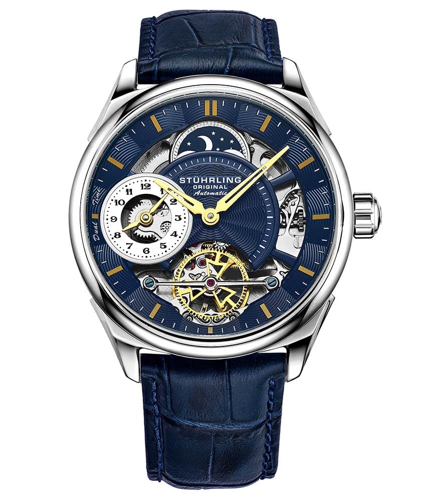 Stührling Presidia 943A Automatic 42mm Skeleton - Blue Dial / Silver Case / Blue Leather Strap Silver Tang Buckle