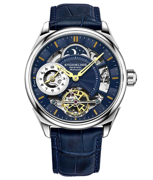 Stührling Presidia 943A Automatic 42mm Skeleton - Blue Dial / Silver Case / Blue Leather Strap Silver Tang Buckle