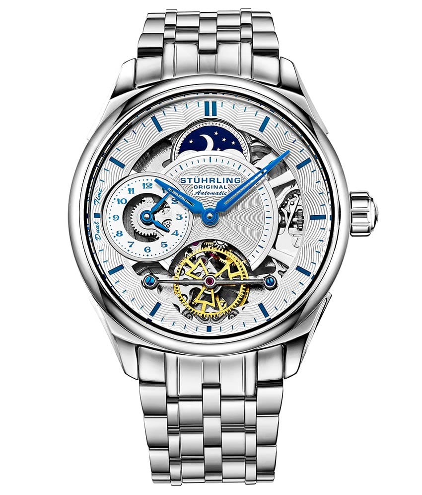 Stührling Presidia 943B Automatic 42mm Skeleton - Silver Dial / Silver Case / Silver Stainless Steel Bracelet Silver Deployant Buckle