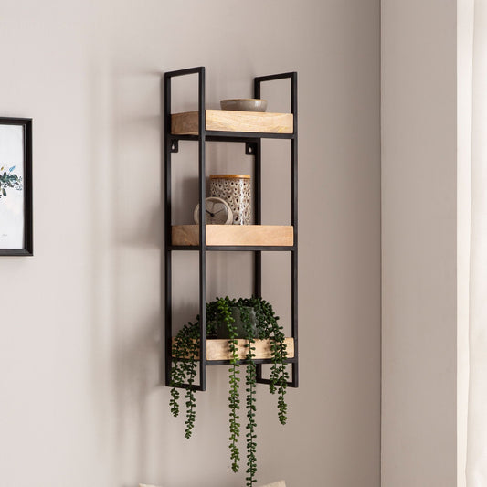 FineBuy Wandregal 27x77x18 cm Mango Massivholz / Metall Hängeregal Industrial, Design Schweberegal Rechteckig, Regal Hängend Wohnzimmer, Tablettregal 