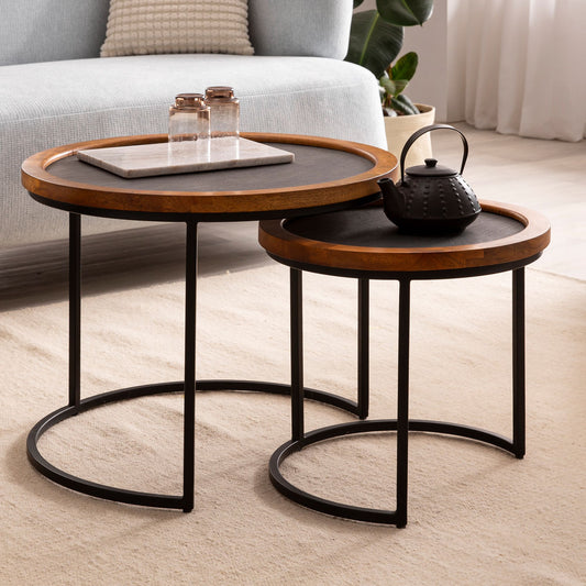 FineBuy Couchtisch 2er Set Mango Massivholz / Steinoptik Wohnzimmertisch Rund, Satztisch mit Metallgestell, Kaffeetisch Modern, Sofatisch Verschachtel
