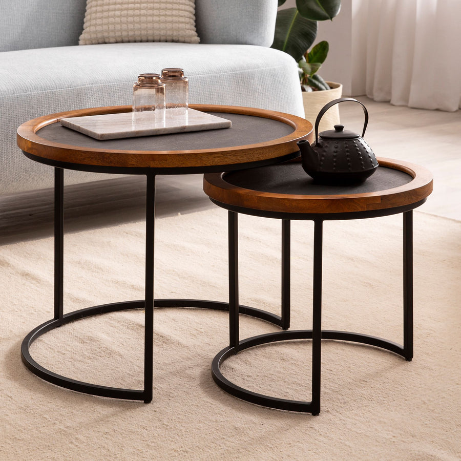 FineBuy Couchtisch 2er Set Mango Massivholz / Steinoptik Wohnzimmertisch Rund, Satztisch mit Metallgestell, Kaffeetisch Modern, Sofatisch Verschachtel