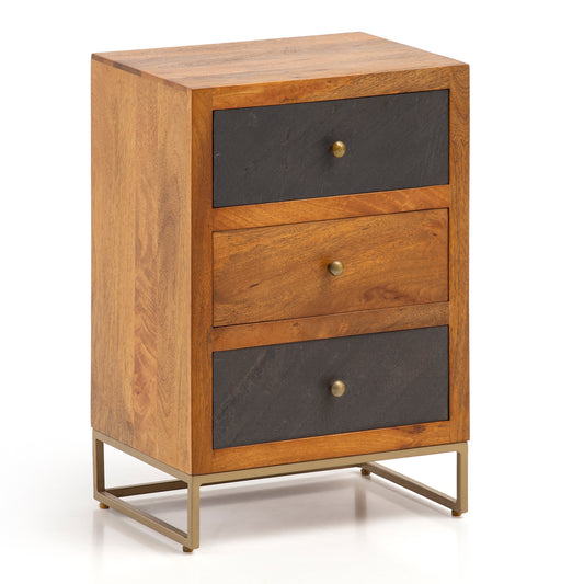 FineBuy Nachttisch aus Mango Massivholz mit Fronten in Steinoptik und 3 Schubladen – Design Nachtkonsole, Nachtschrank für Boxspringbett - Nachtkästch
