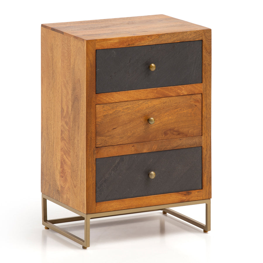 FineBuy Nachttisch aus Mango Massivholz mit Fronten in Steinoptik und 3 Schubladen – Design Nachtkonsole, Nachtschrank für Boxspringbett - Nachtkästch