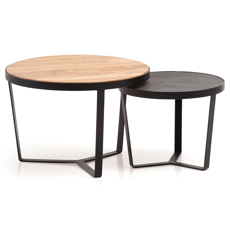 FineBuy Couchtisch 2er Set Akazie Massivholz / Steinoptik Wohnzimmertisch Rund, Satztisch mit Metallgestell, Kaffeetisch Modern, Sofatisch Verschachte