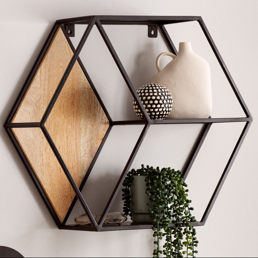 FineBuy Wandregal 60x52x20 cm Mango Massivholz / Metall Hängeregal Industrial, Design Schweberegal Sechseckig, Dekoregal Hängend Wabenform, Regal Wand