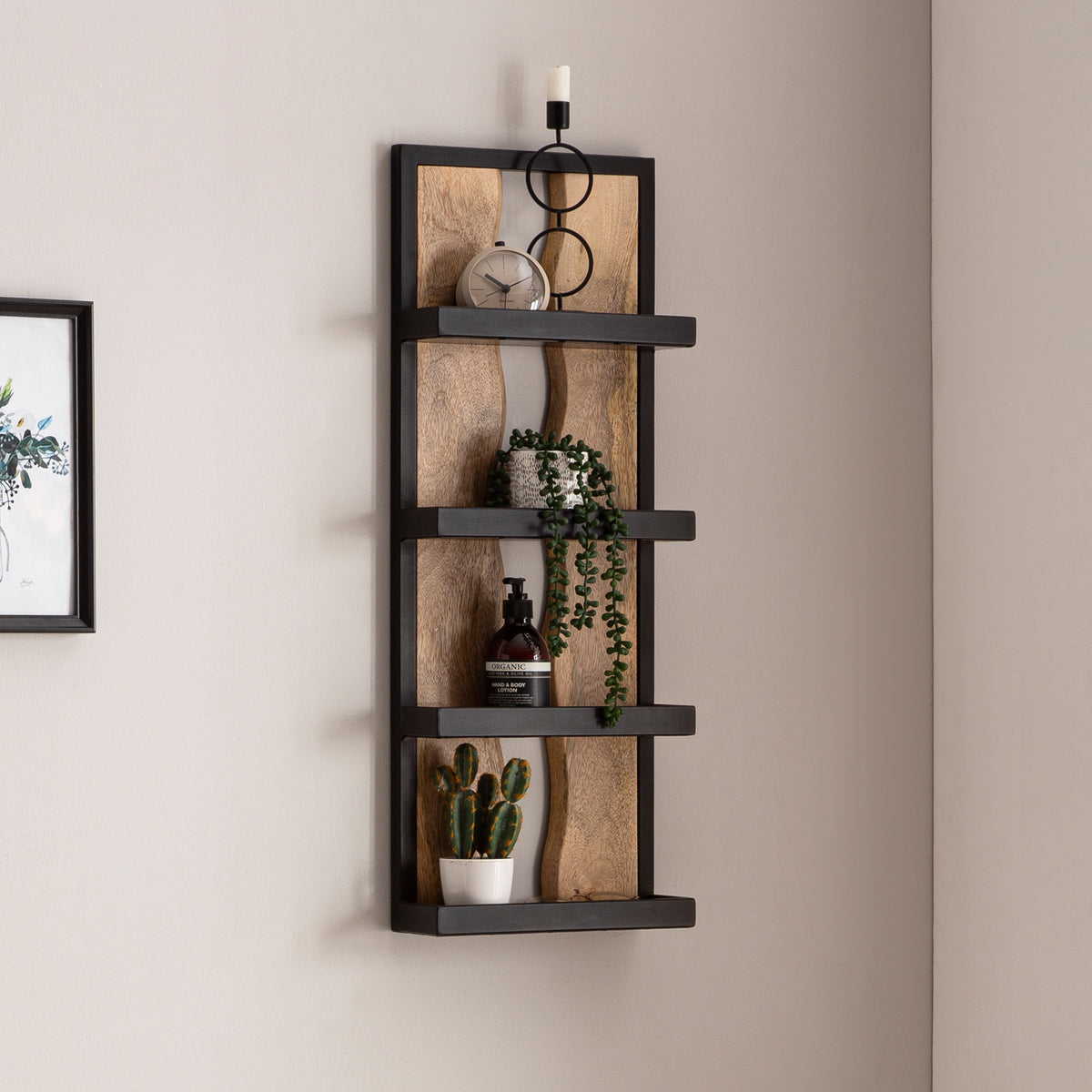 FineBuy Wandregal 30x80x10 cm Mango Massivholz / Metall Hängeregal Industrial, Design Schweberegal Rechteckig, Regal Hängend Wohnzimmer, Holzregal Wan