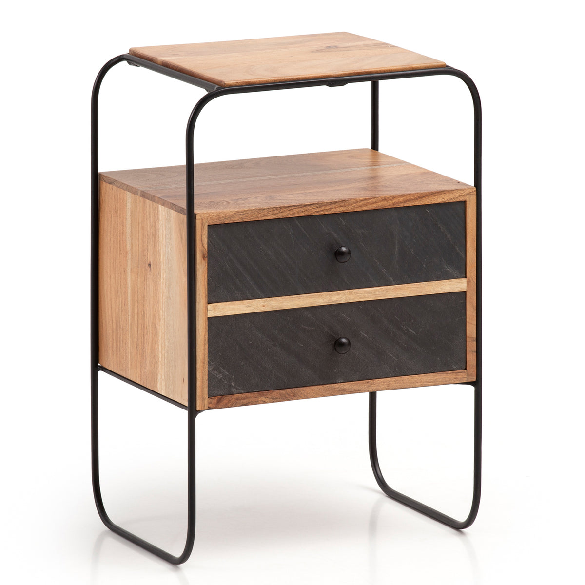 FineBuy Nachttisch Massivholz / Steinoptik 40x60x30 cm Nachtschrank Boxspringbett, Industrial Nachtkonsole mit 2 Schubladen & Ablagefläche, Nachtkommo