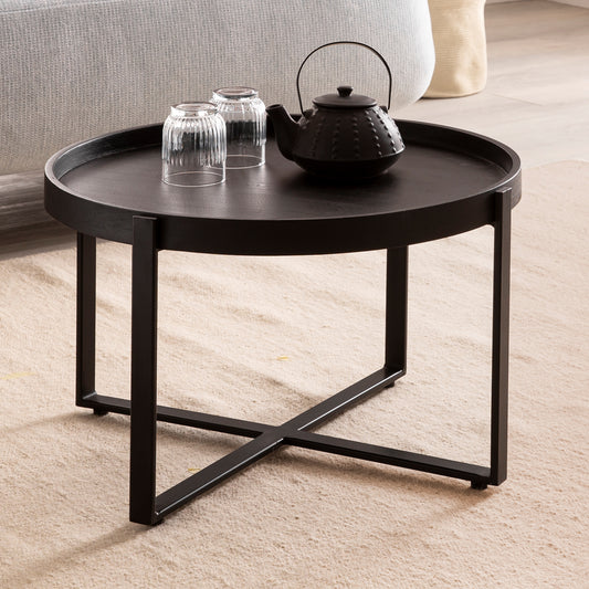 FineBuy Couchtisch Mango Massivholz rund Ø 60 cm Schwarz · Wohnzimmertisch mit Metallgestell · Handgefertigter Sofatisch im Industrial Japandi Design
