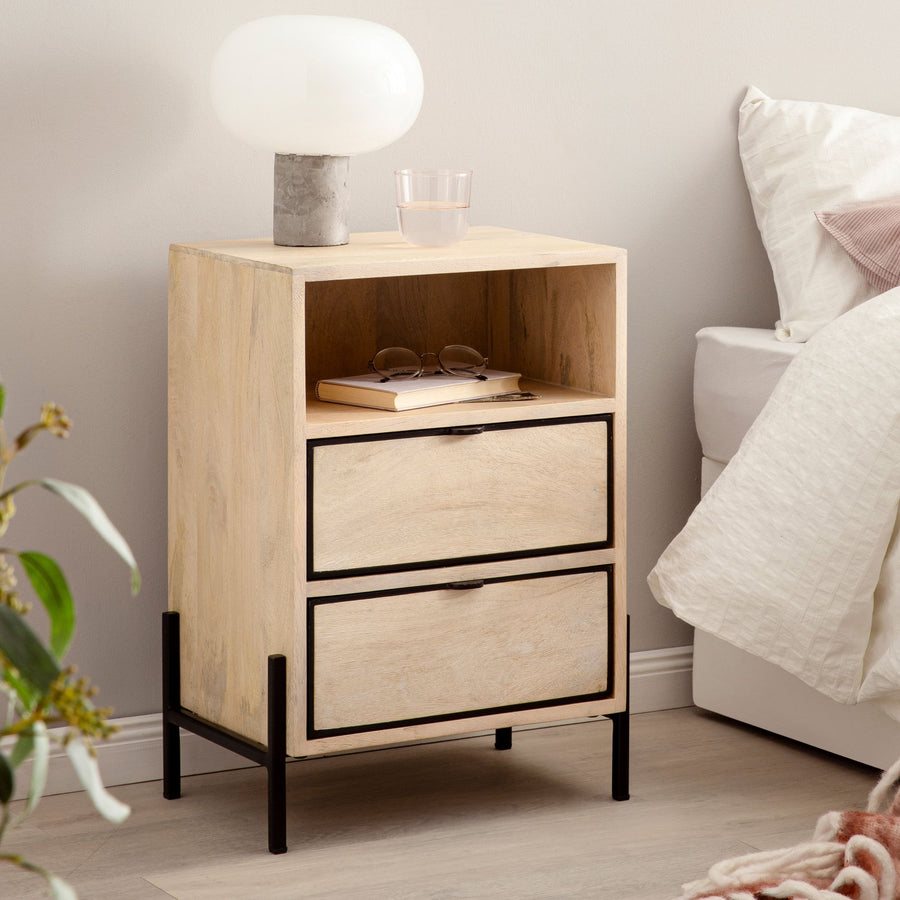 FineBuy Nachttisch aus Mango Whitewash Massivholz mit Ablage &  2 Schubladen – Nachtkonsole im Industrial Natur Design für Boxspringbetten, Nachtschra