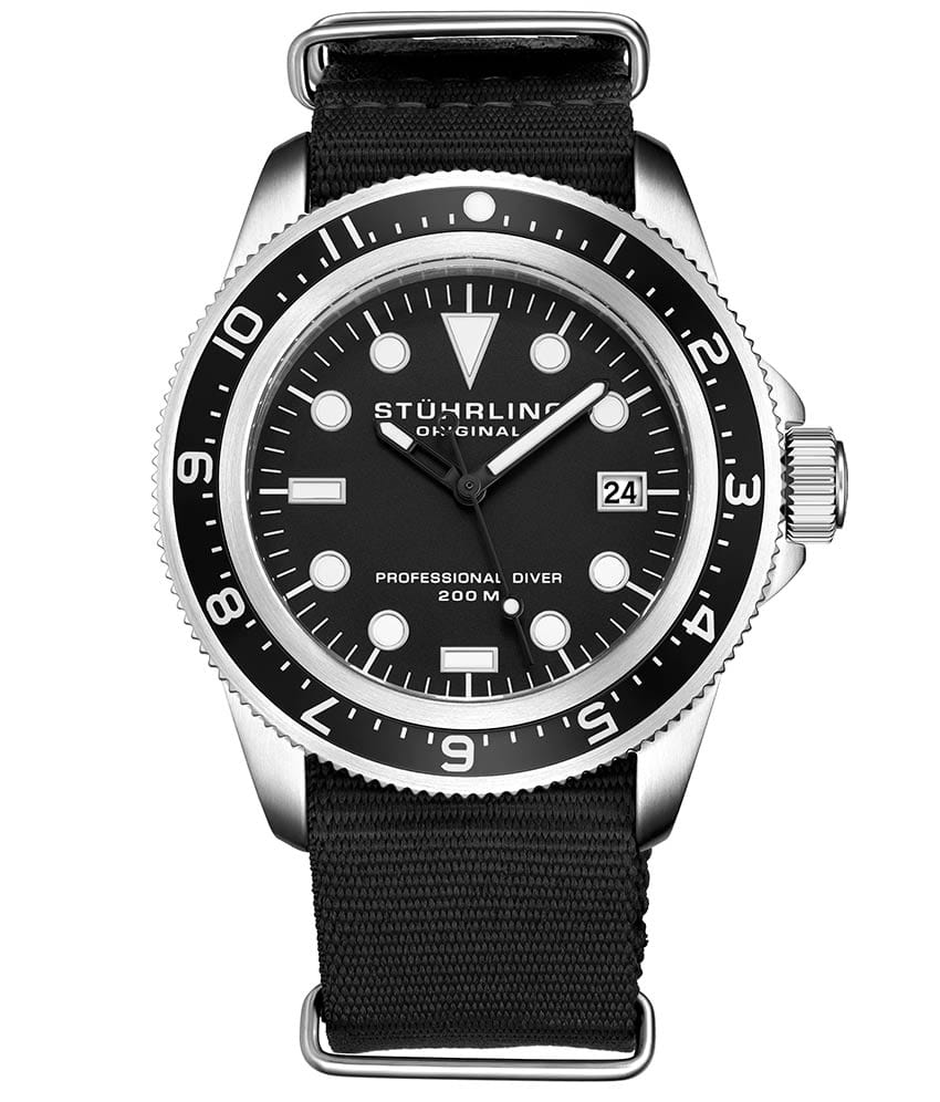 Stührling Cobia 966B Quartz 42mm Diver - Black Dial / Silver Case / Black Strap Silver Tang Buckle