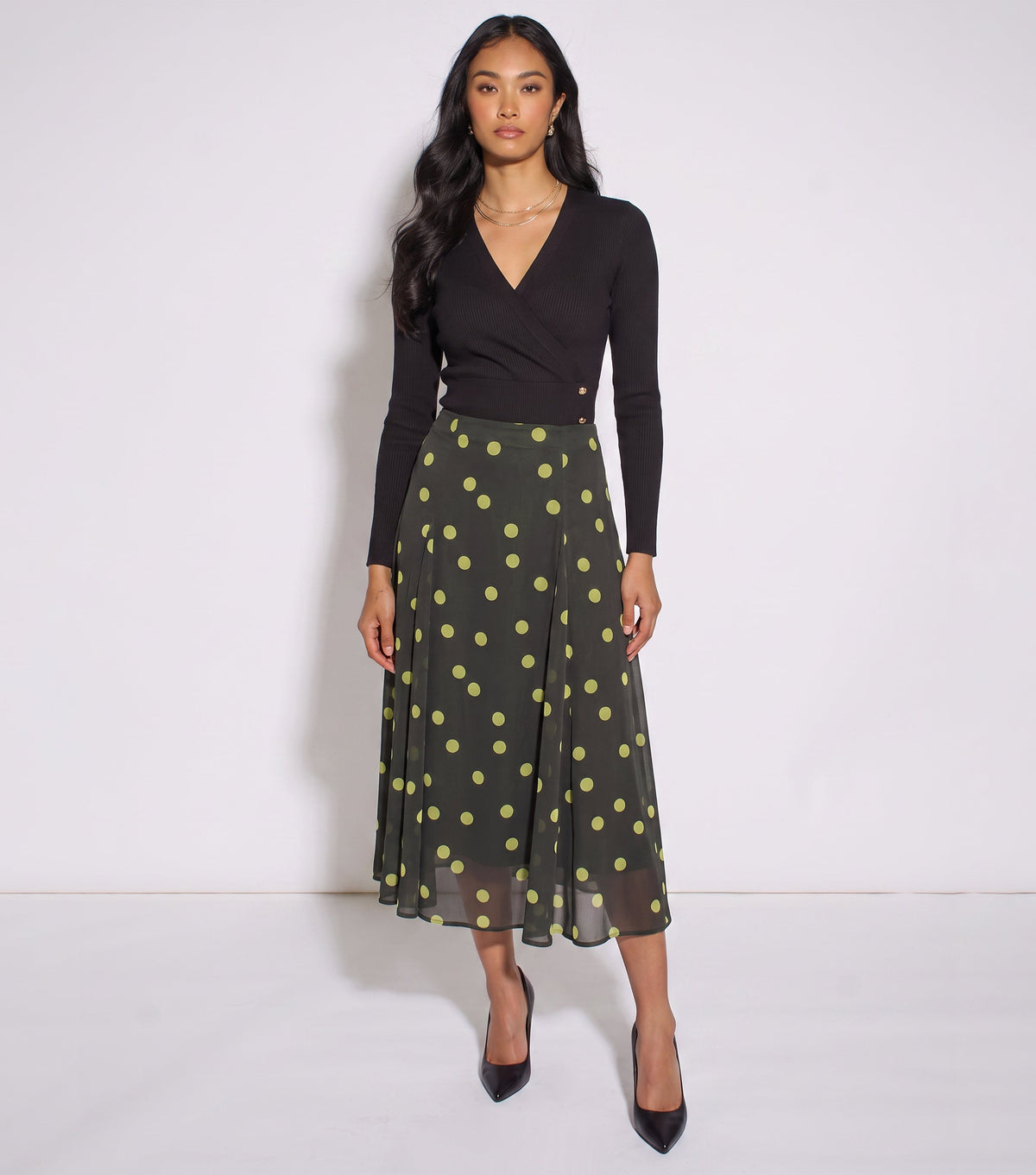 Green Lime Spot Satin Godet Midi Skirt