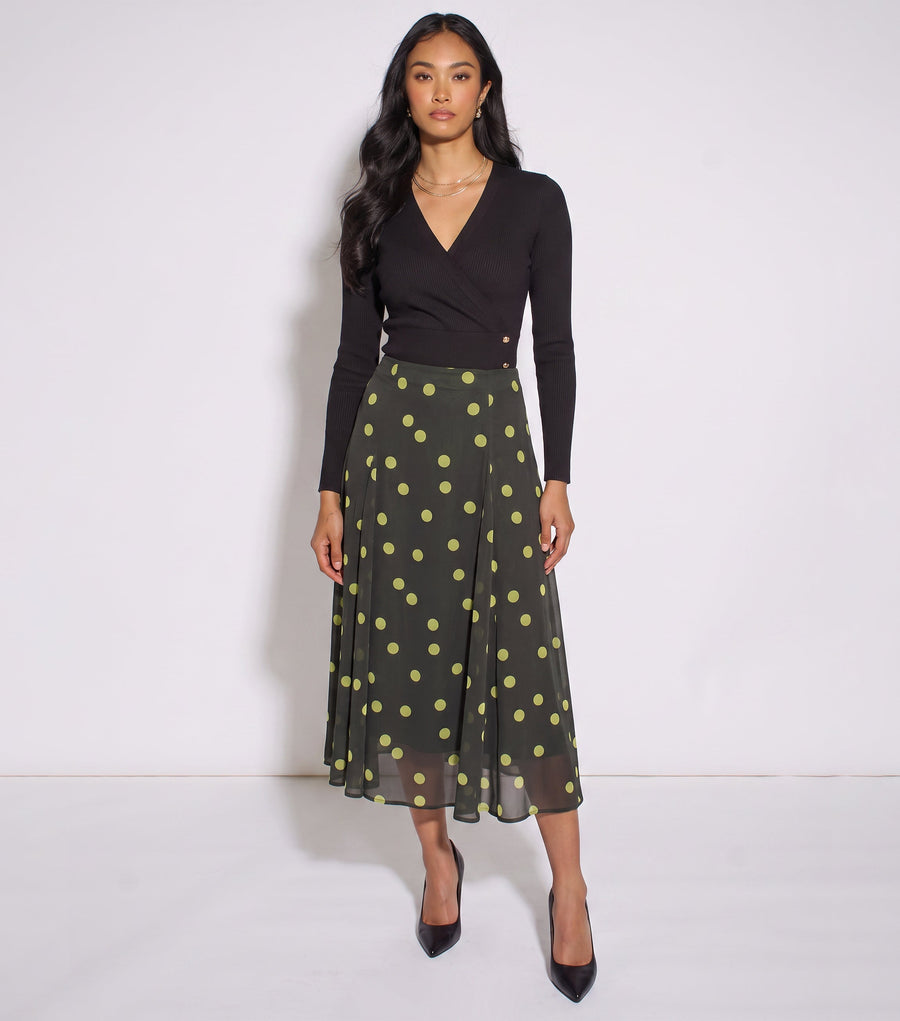 Green Lime Spot Satin Godet Midi Skirt