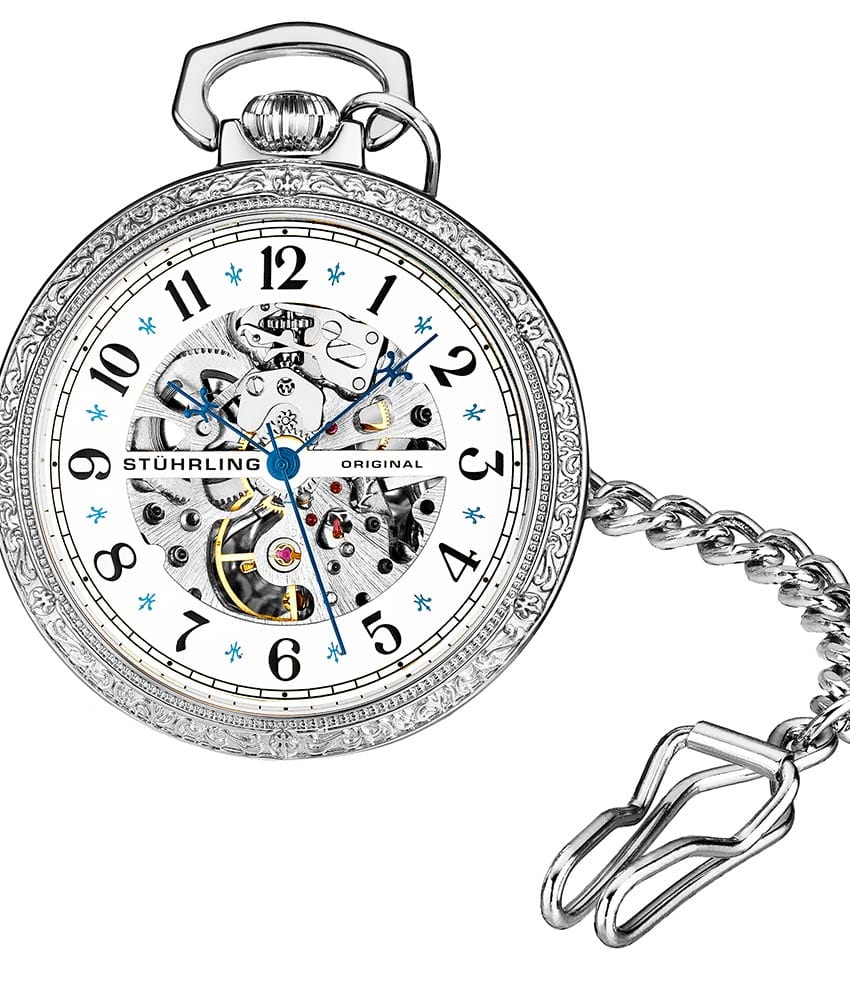 Stührling Consul 979 Hand-wind 48mm Skeleton - White Dial / Silver Case / Stainless Steel Pocket Watch