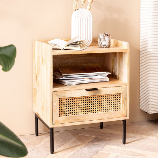 FineBuy Nachtkonsole Mango Massivholz Rattan – Nachttisch im Boho Natur Design mit Schublade & offener Ablage, Nachtkästchen ideal für Boxspringbetten