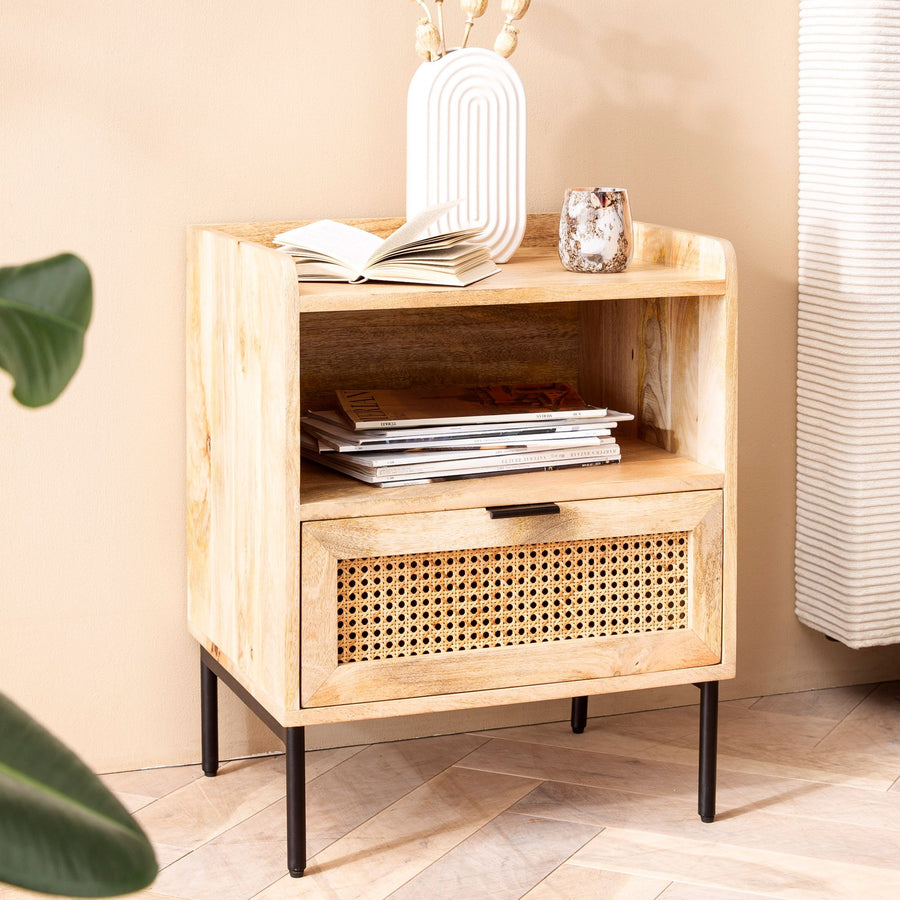 FineBuy Nachtkonsole Mango Massivholz Rattan – Nachttisch im Boho Natur Design mit Schublade & offener Ablage, Nachtkästchen ideal für Boxspringbetten