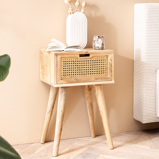 FineBuy Nachtkonsole Mango Massivholz mit Rattan & Schublade – Nachttisch im Boho & Natur Design, stabiles Nachtkästchen für Boxspringbett, handgefert