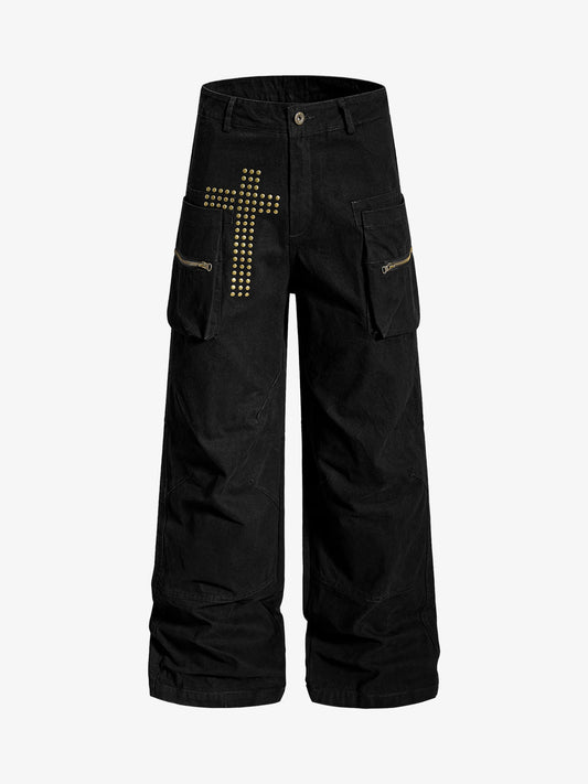 Vintage Utility Studded Cross Straight Leg Pants - Black / S