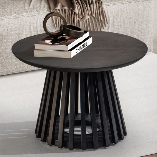 FineBuy Couchtisch Mango Massivholz rund Ø 60 cm Schwarz · Moderner Wohnzimmertisch mit offenem Gittergestell · Handgefertigter Sofatisch im Fächer Ja
