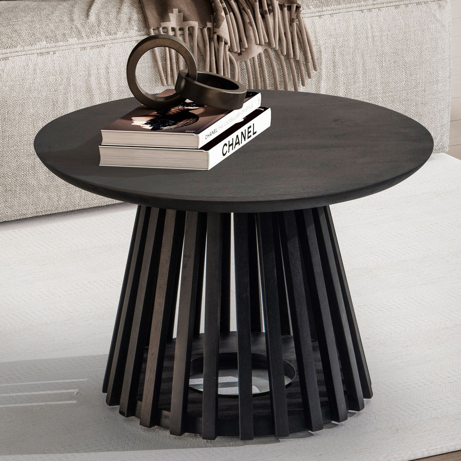 FineBuy Couchtisch Mango Massivholz rund Ø 60 cm Schwarz · Moderner Wohnzimmertisch mit offenem Gittergestell · Handgefertigter Sofatisch im Fächer Ja