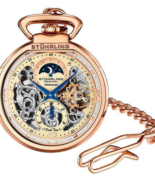 Stührling Modena 991 Automatic 48mm Skeleton - Champagne Dial / Rose Case / Stainless Steel Pocket Watch